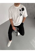 Erkek Kısa Kol Tişört Bisiklet Yaka GÜL Baskılı Oversize T-Shirt - Beyaz