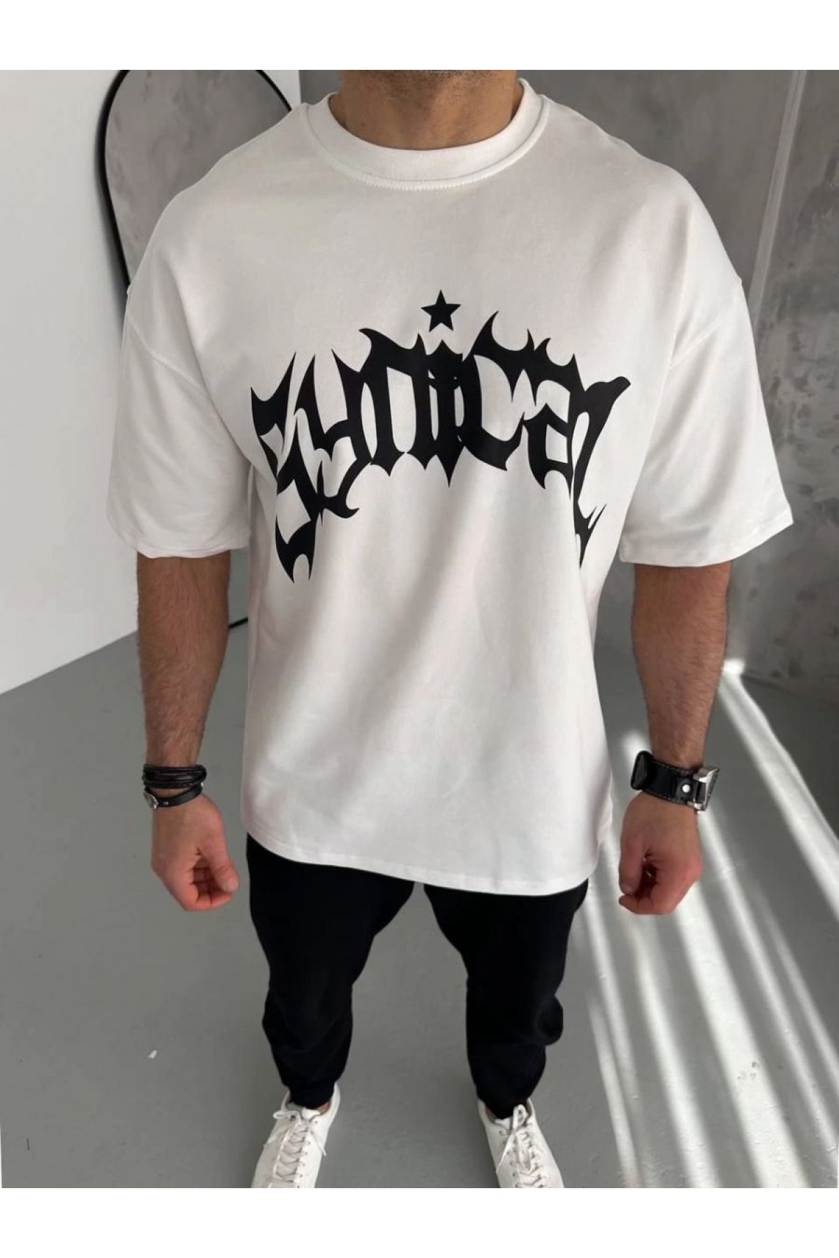 ERKEK Tişört Bisiklet Yaka Baskılı Kısa kol T-Shirt - Beyaz