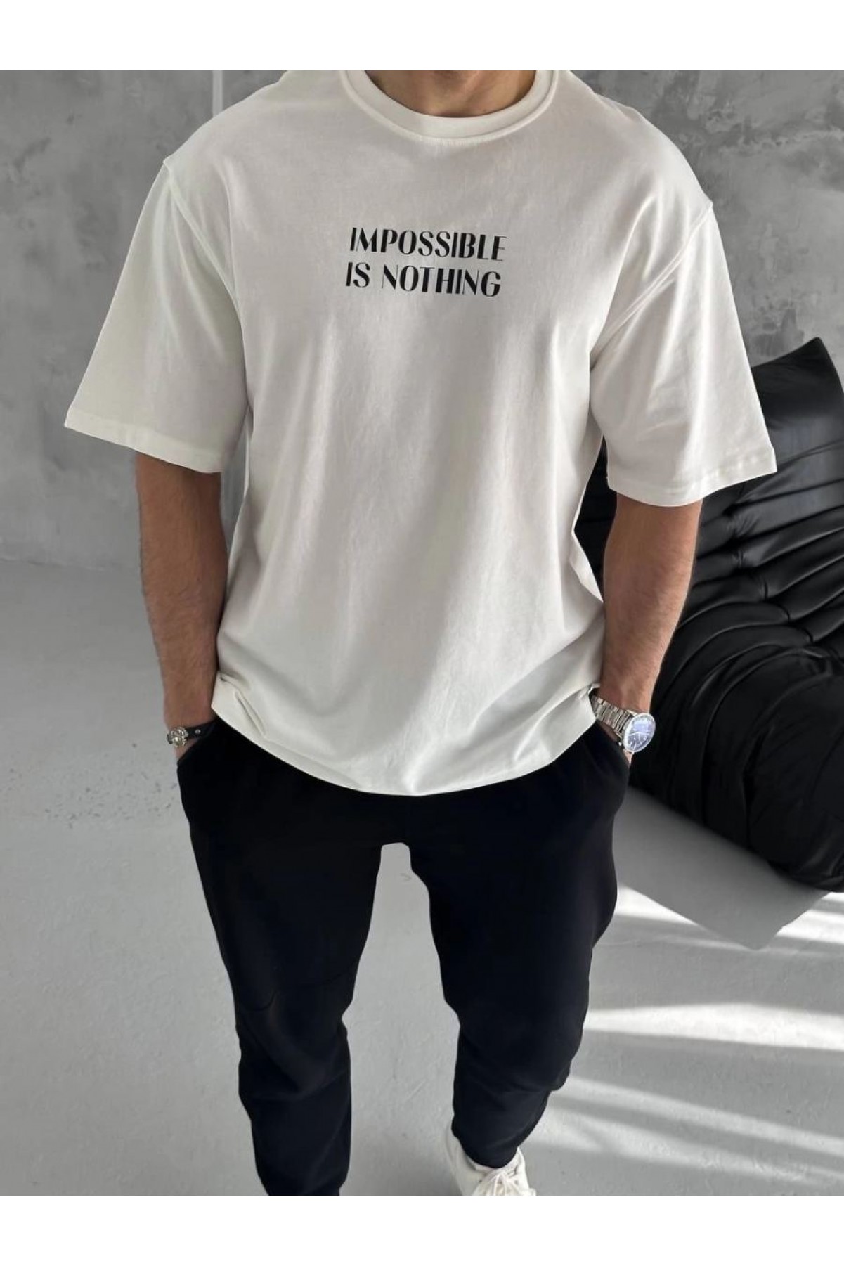 ERKEK Tişört Bisiklet Yaka Baskılı Oversize Kısa kol T-Shirt - Beyaz
