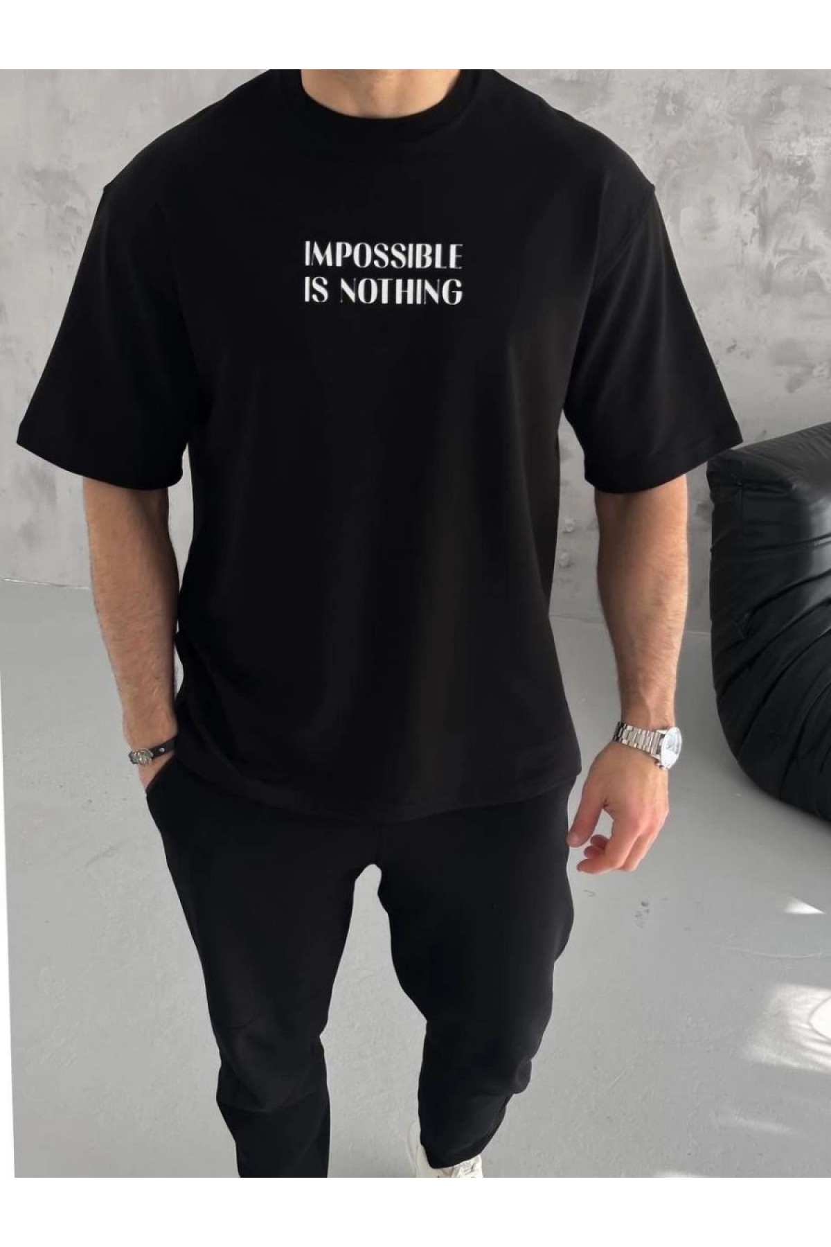 ERKEK Tişört Bisiklet Yaka Baskılı Oversize Kısa kol T-Shirt - Siyah