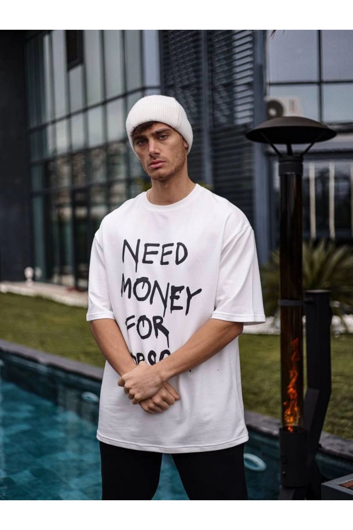 Erkek Kısa Kol Yazlık Tişört Bisiklet Yaka Baskılı Oversize T-Shirt - Beyaz