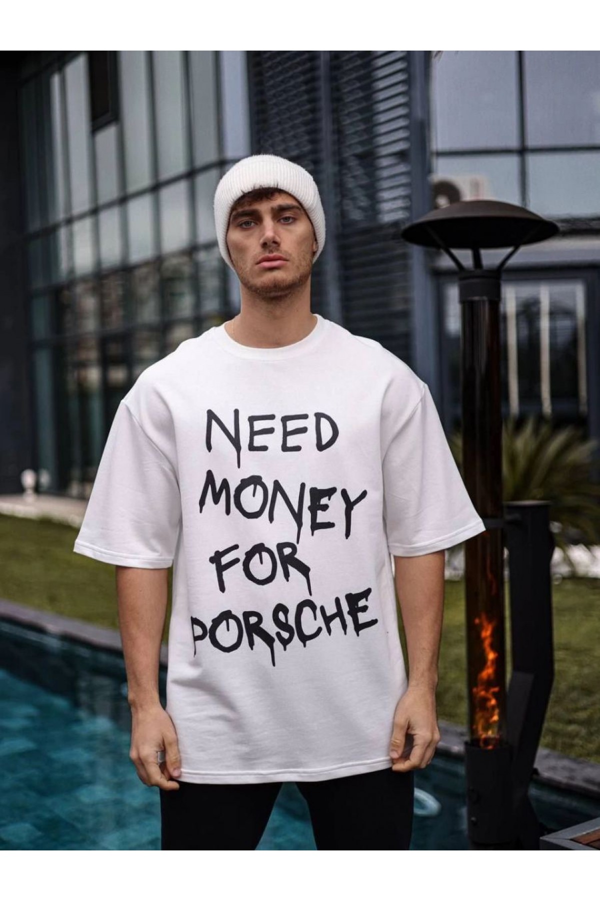 Erkek Kısa Kol Yazlık Tişört Bisiklet Yaka Baskılı Oversize T-Shirt - Beyaz