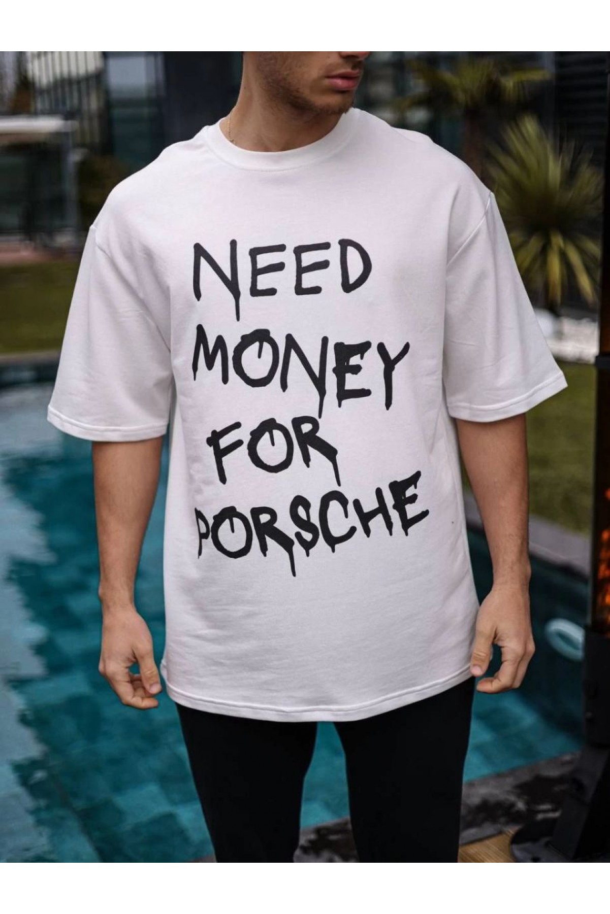 Erkek Kısa Kol Yazlık Tişört Bisiklet Yaka Baskılı Oversize T-Shirt - Beyaz
