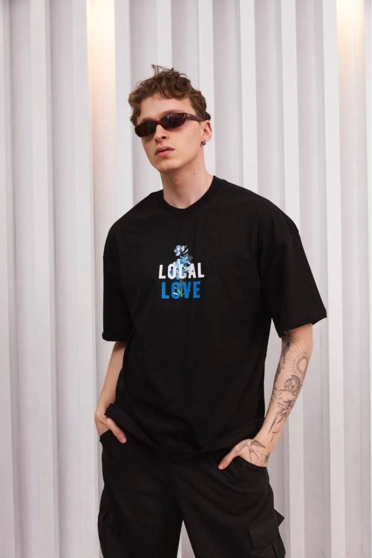ERKEK Bisiklet Yaka Baskılı Oversize Kısa kol T-Shirt - Siyah