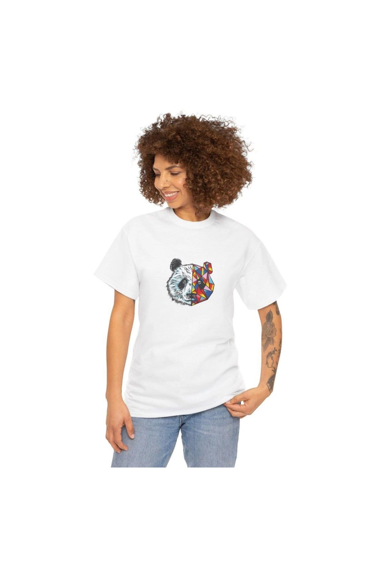 Kadın Bisiklet Yaka Baskılı  Kısa kol T-Shirt - Beyaz