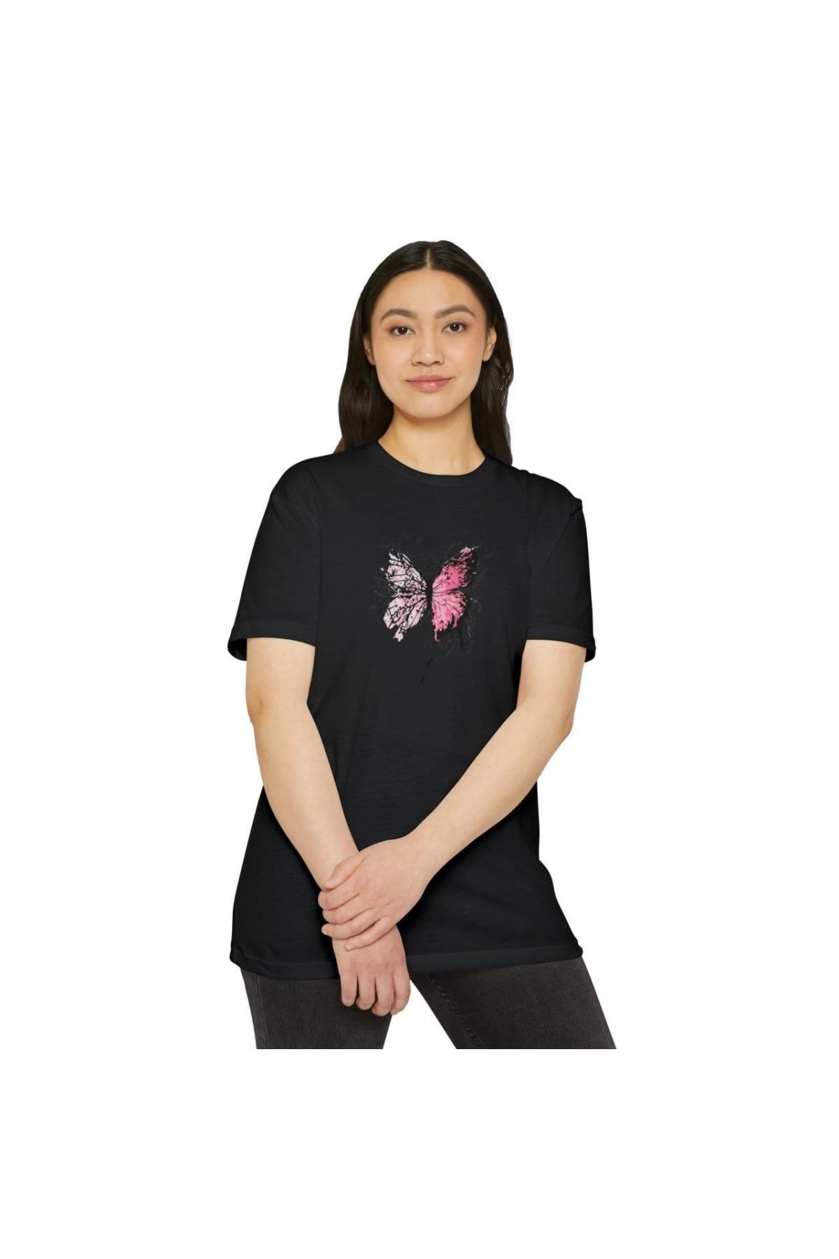 Kadın Bisiklet Yaka Baskılı T-Shirt - Siyah