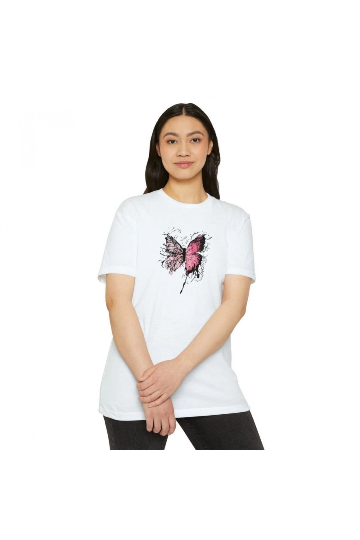 Kadın Bisiklet Yaka kelebek Baskılı Kısa kol  T-Shirt - Beyaz