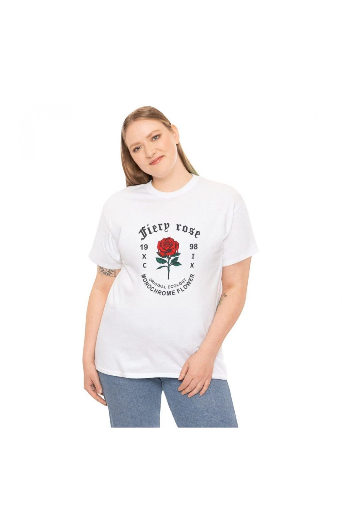 Kadın Bisiklet Yaka Baskılı  Kısa kol T-Shirt - Beyaz