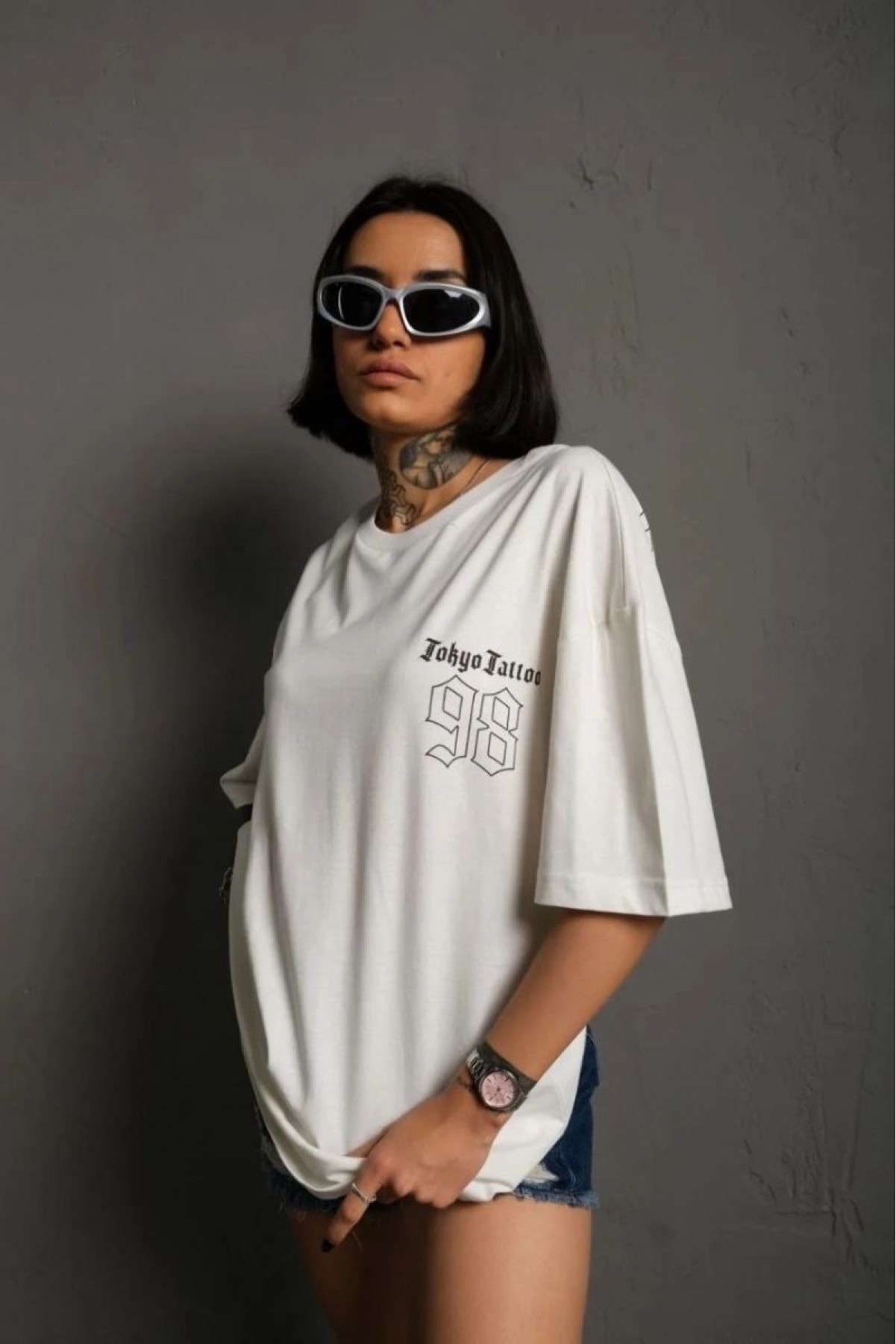 kadın Bisiklet Yaka Baskılı Oversize Kısa kol  T-Shirt - Beyaz
