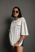 kadın Bisiklet Yaka Baskılı Oversize Kısa kol  T-Shirt - Beyaz