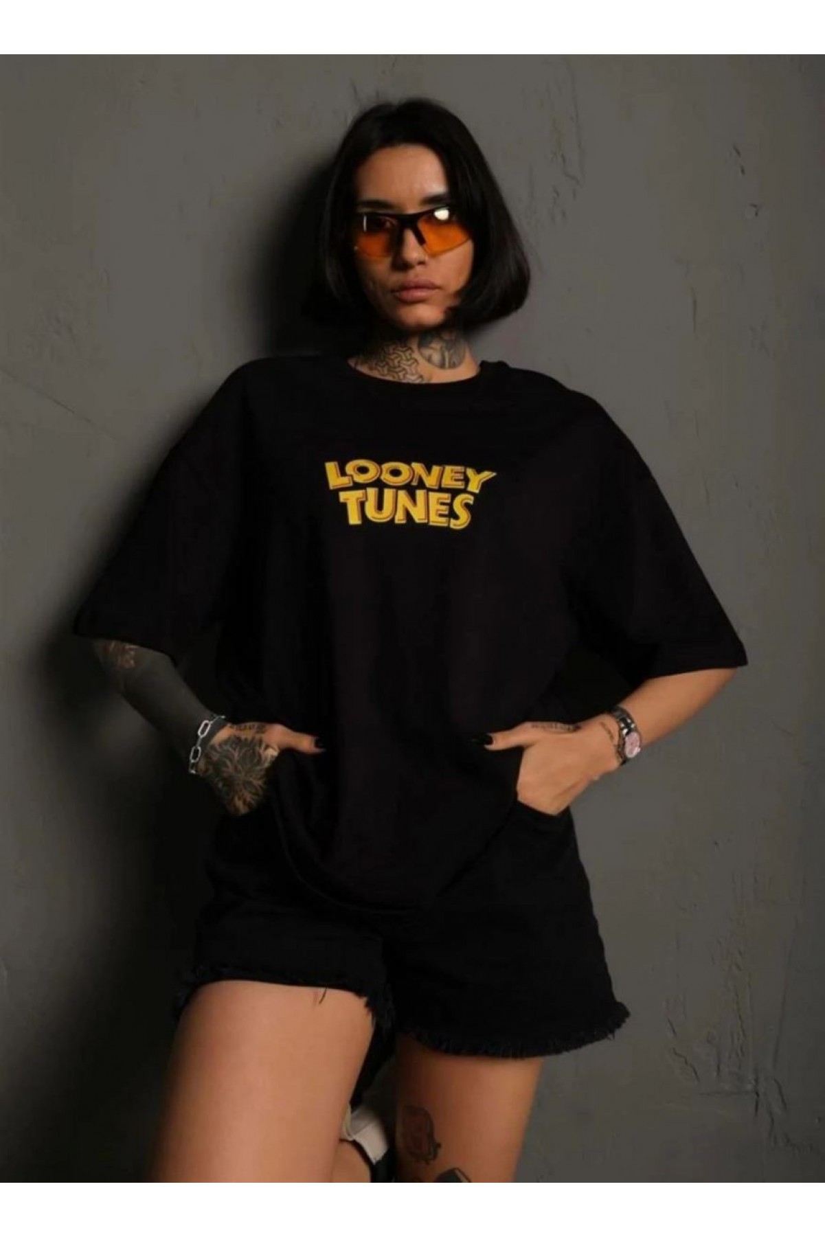 kadın Bisiklet Yaka Baskılı Oversize  Kısa kol T-Shirt - Siyah