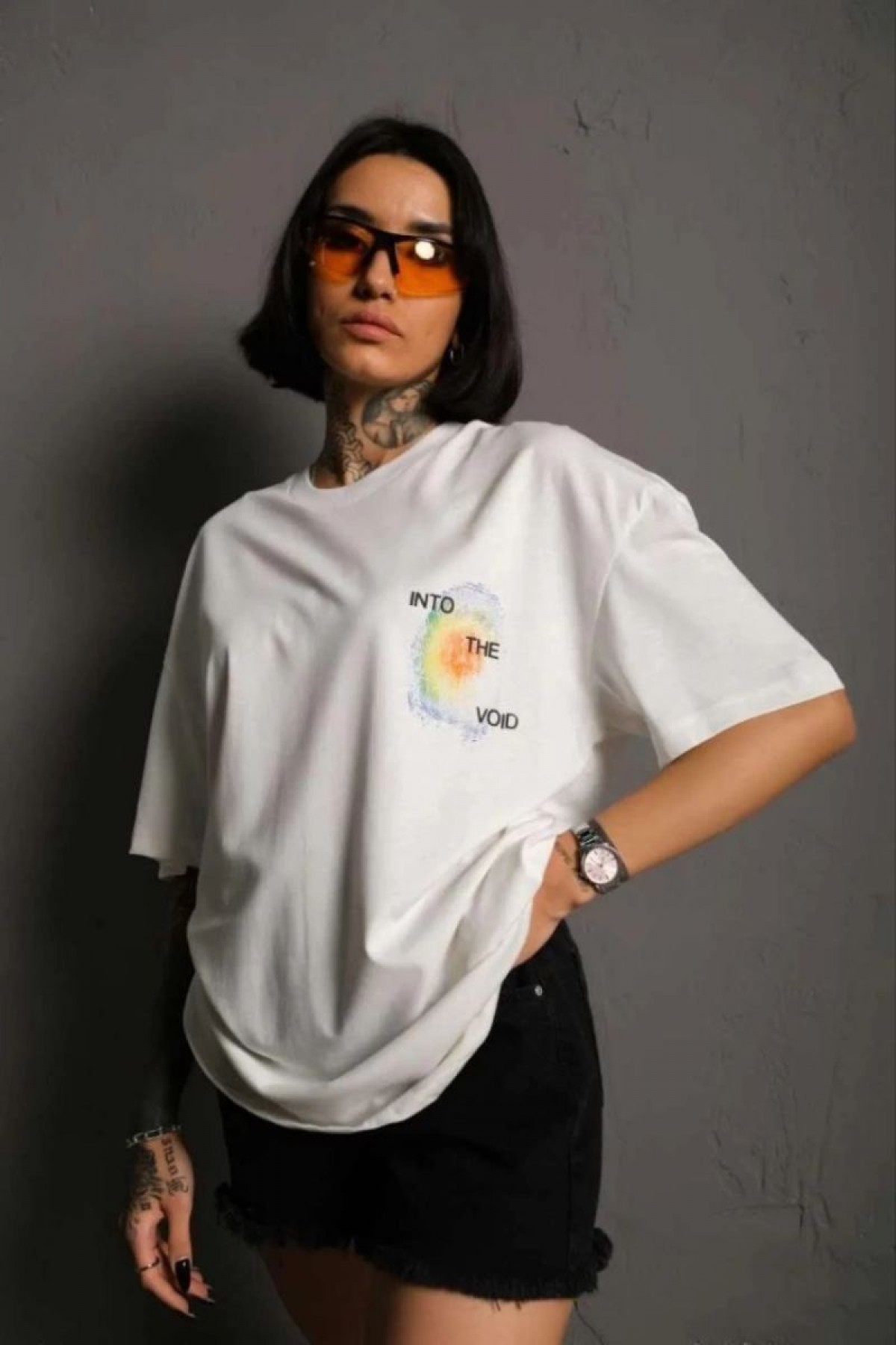 kadın Bisiklet Yaka Baskılı Oversize Kısa kol T-Shirt - Beyaz