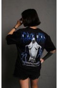 kadın Bisiklet Yaka Baskılı Oversize  Kısa kol T-Shirt - Siyah