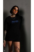 kadın Bisiklet Yaka Baskılı Oversize  Kısa kol T-Shirt - Siyah