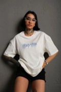 kadın Bisiklet Yaka Baskılı Oversize Kısa kol  T-Shirt - Beyaz