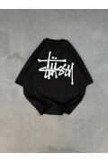 kadın Bisiklet Yaka Baskılı Oversize  Kısa kol T-Shirt - Siyah