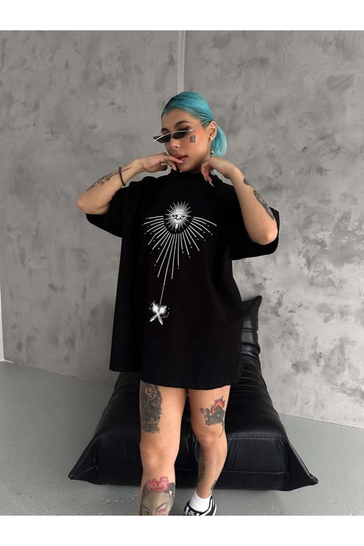 kadın Bisiklet Yaka Baskılı Oversize  Kısa kol T-Shirt - Siyah