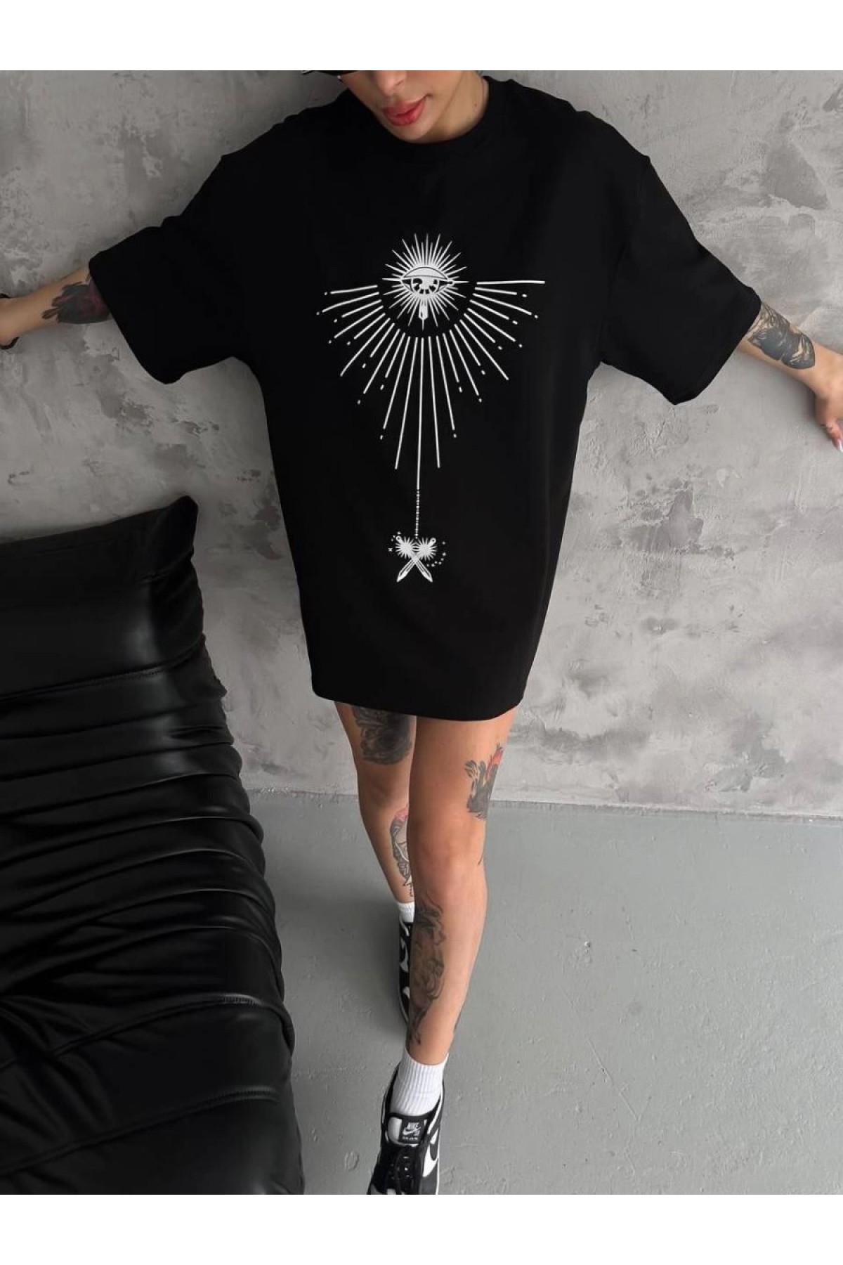 kadın Bisiklet Yaka Baskılı Oversize  Kısa kol T-Shirt - Siyah