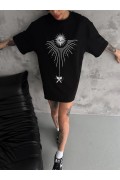 kadın Bisiklet Yaka Baskılı Oversize  Kısa kol T-Shirt - Siyah