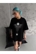 kadın Bisiklet Yaka Baskılı Oversize  Kısa kol T-Shirt - Siyah