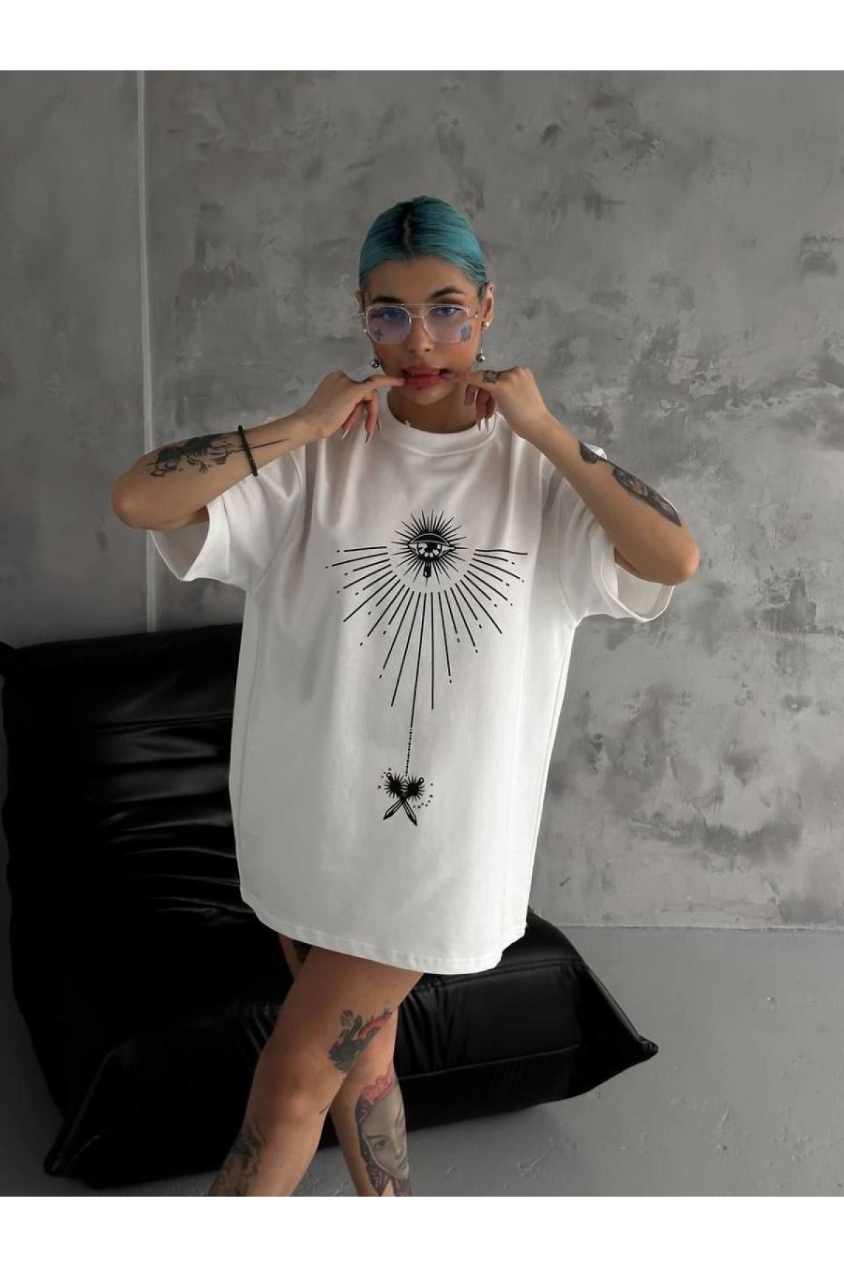 kadın Bisiklet Yaka Baskılı Oversize  Kısa kol T-Shirt - Beyaz