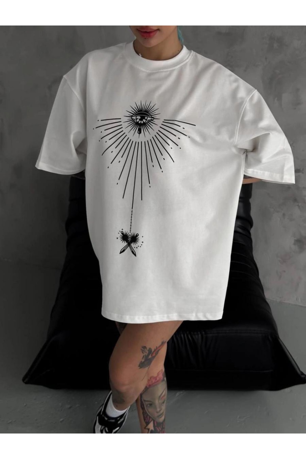 kadın Bisiklet Yaka Baskılı Oversize  Kısa kol T-Shirt - Beyaz
