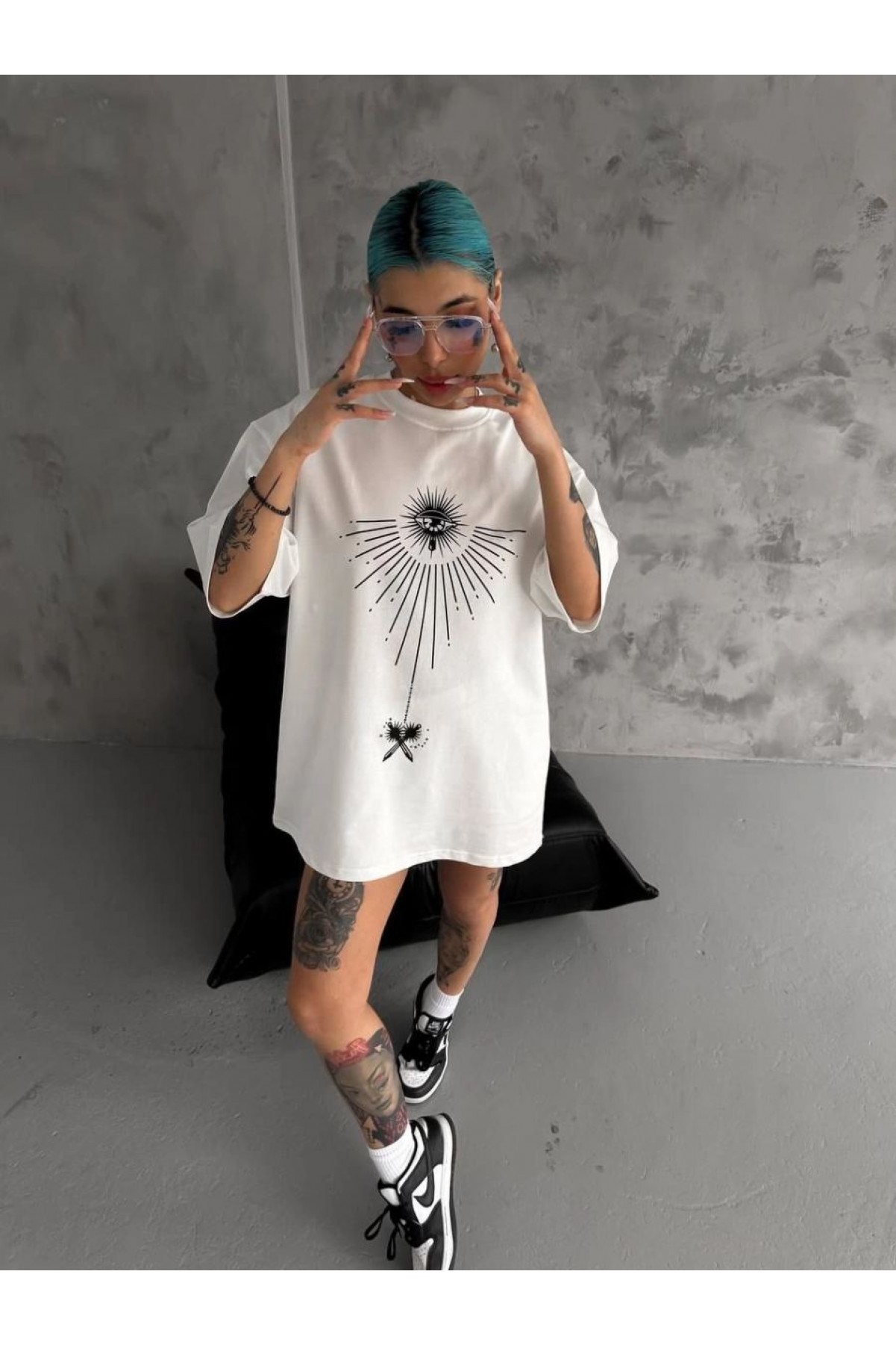 kadın Bisiklet Yaka Baskılı Oversize  Kısa kol T-Shirt - Beyaz