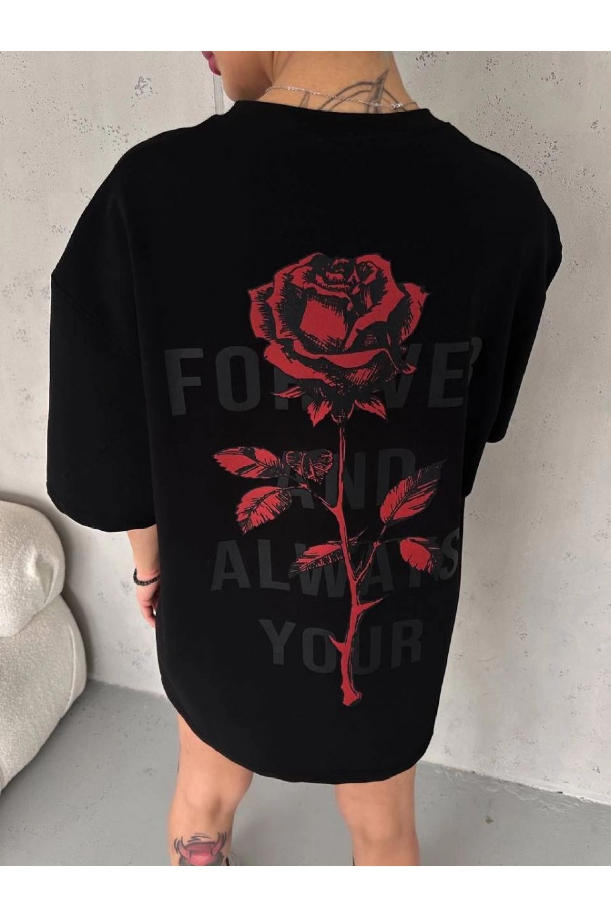 kadın Bisiklet Yaka Baskılı Oversize  Kısa kol T-Shirt - Siyah