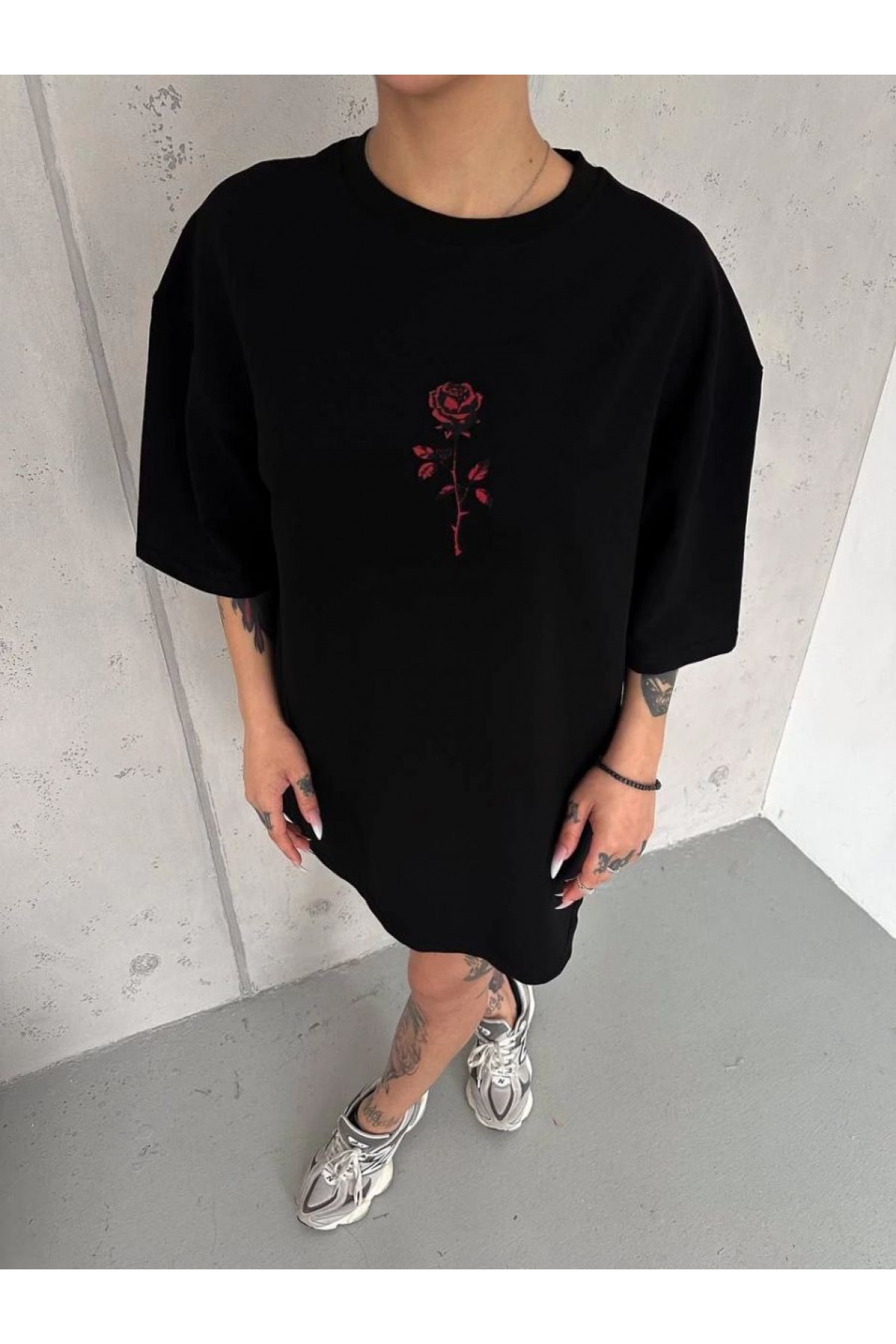 kadın Bisiklet Yaka Baskılı Oversize  Kısa kol T-Shirt - Siyah