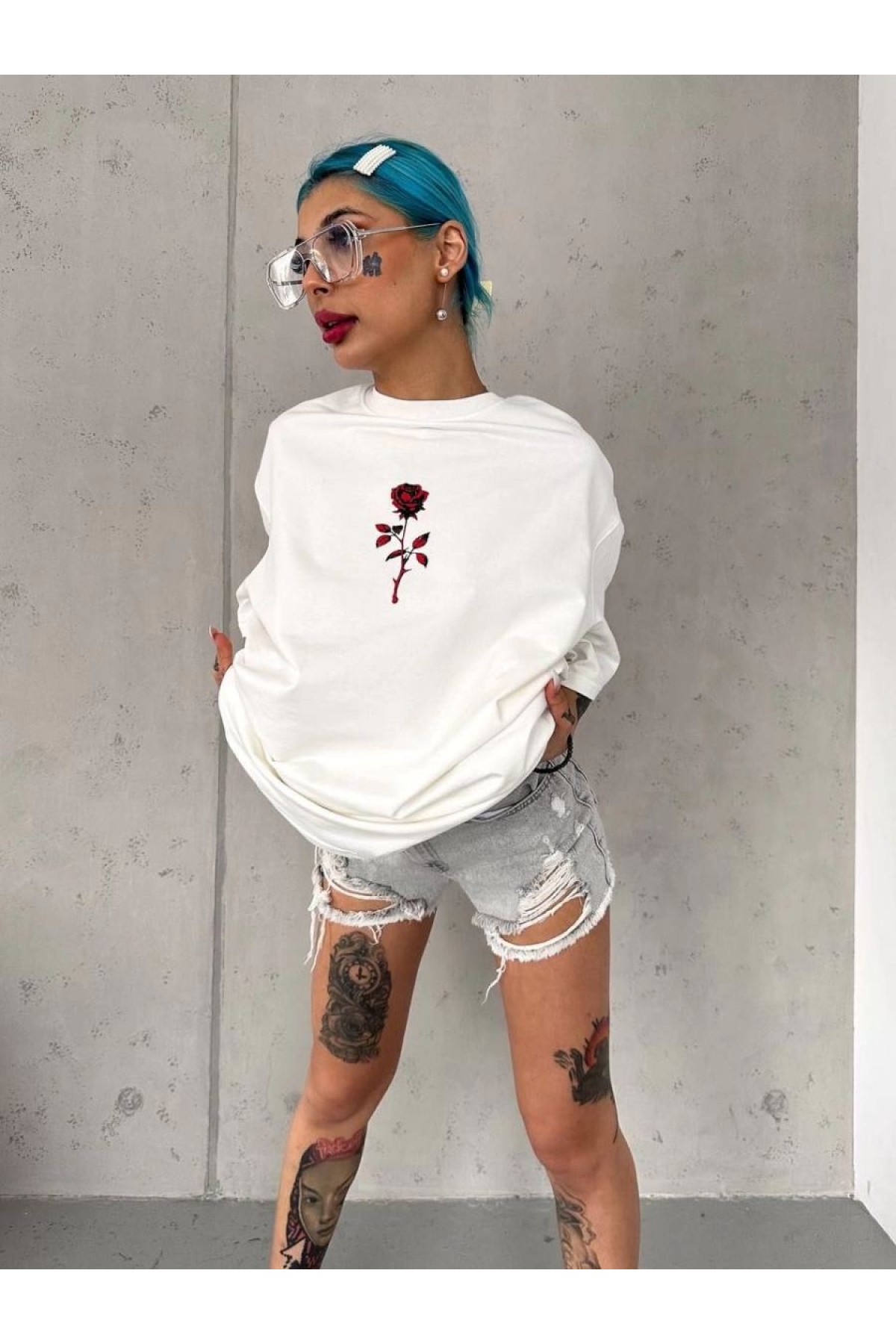kadın Bisiklet Yaka Baskılı Oversize Kısa kol  T-Shirt - Beyaz