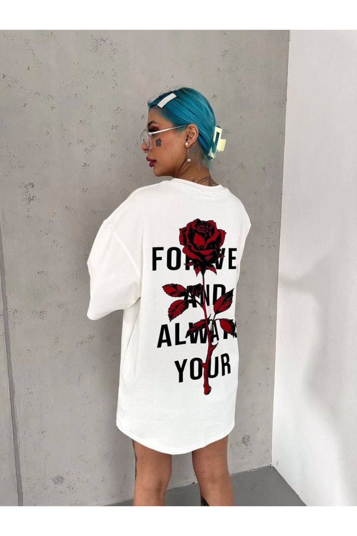 kadın Bisiklet Yaka Baskılı Oversize Kısa kol  T-Shirt - Beyaz