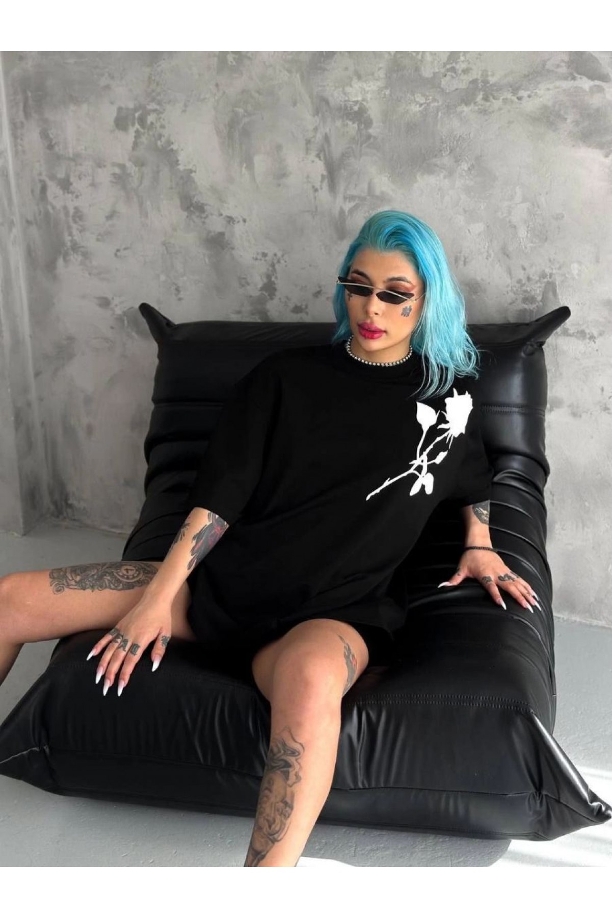 kadın Bisiklet Yaka Baskılı Oversize  Kısa kol T-Shirt - Siyah