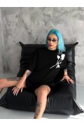 kadın Bisiklet Yaka Baskılı Oversize  Kısa kol T-Shirt - Siyah