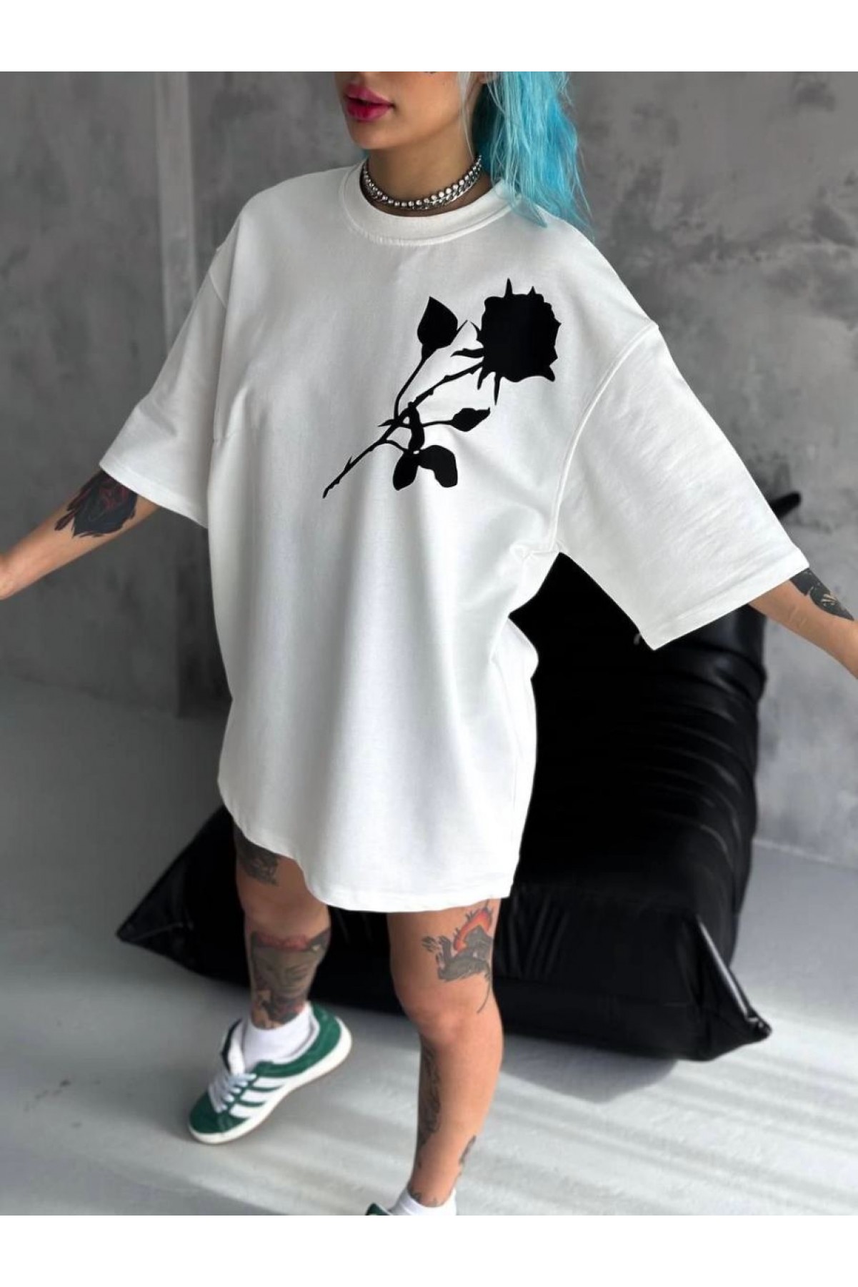 kadın Bisiklet Yaka Baskılı Oversize  Kısa kol T-Shirt - Beyaz