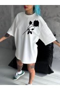 kadın Bisiklet Yaka Baskılı Oversize  Kısa kol T-Shirt - Beyaz