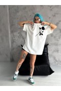 kadın Bisiklet Yaka Baskılı Oversize  Kısa kol T-Shirt - Beyaz
