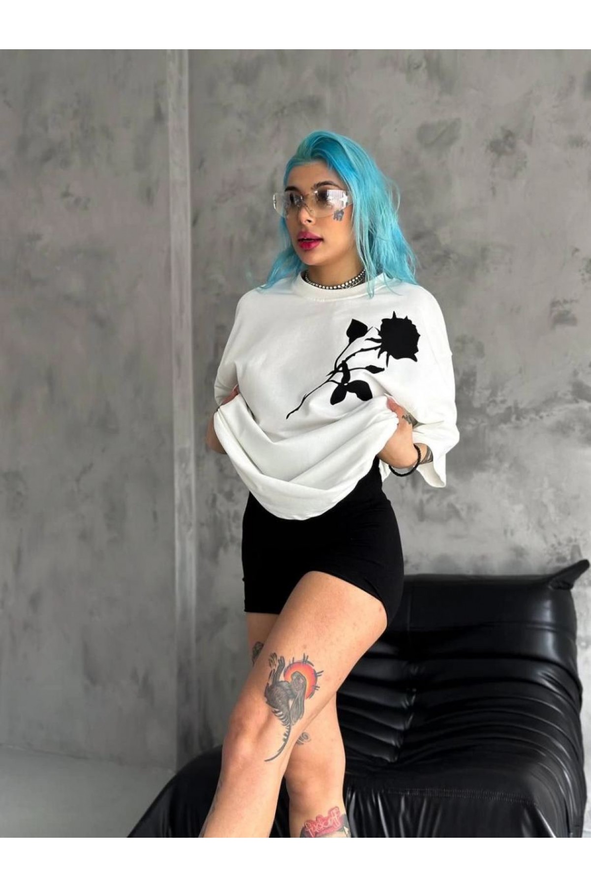 kadın Bisiklet Yaka Baskılı Oversize  Kısa kol T-Shirt - Beyaz