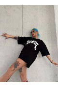 kadın Bisiklet Yaka Baskılı Oversize Kısa kol  T-Shirt - Siyah
