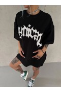 kadın Bisiklet Yaka Baskılı Oversize Kısa kol  T-Shirt - Siyah
