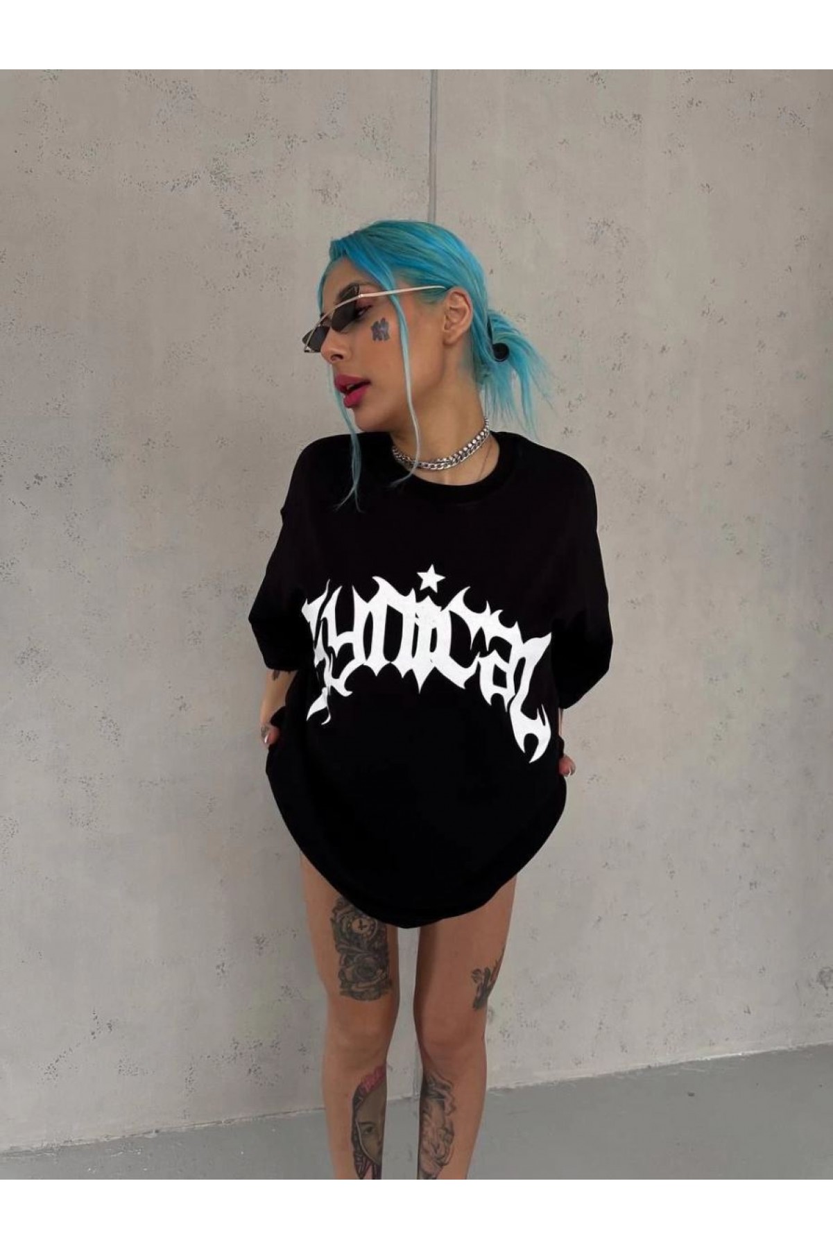 kadın Bisiklet Yaka Baskılı Oversize Kısa kol  T-Shirt - Siyah