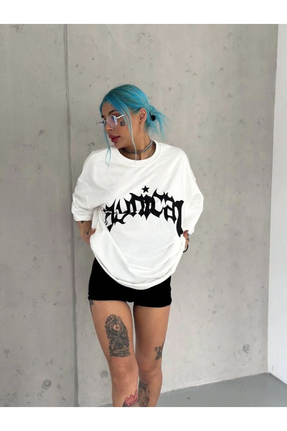 kadın Bisiklet Yaka Baskılı Oversize  Kısa kol T-Shirt - Beyaz