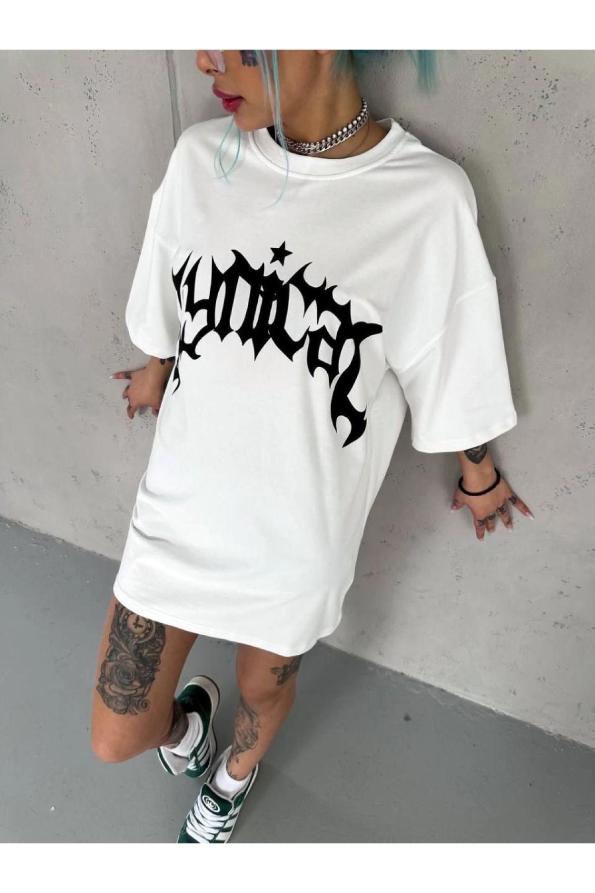 kadın Bisiklet Yaka Baskılı Oversize  Kısa kol T-Shirt - Beyaz