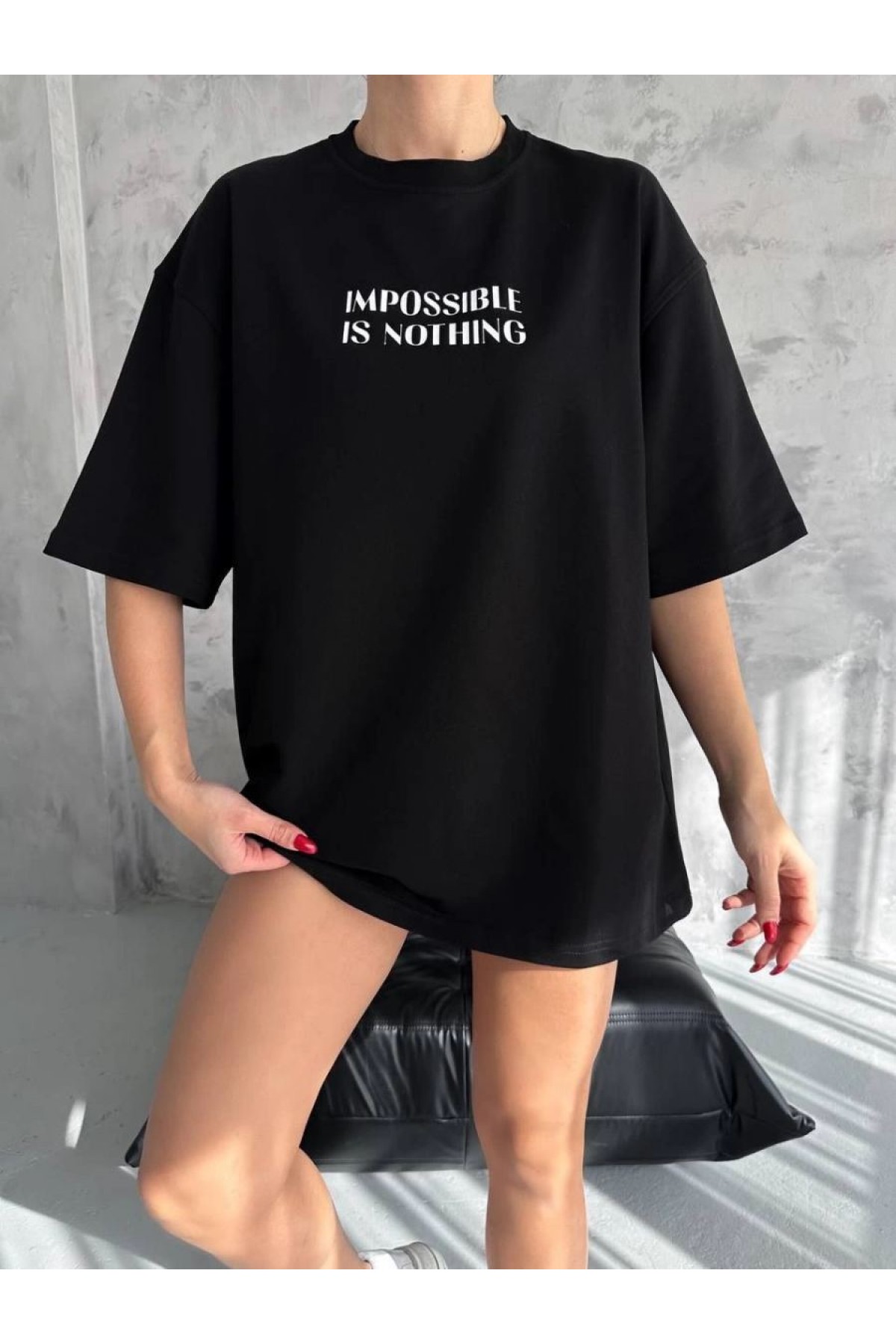 kadın Bisiklet Yaka Baskılı Oversize  Kısa kol T-Shirt - Siyah