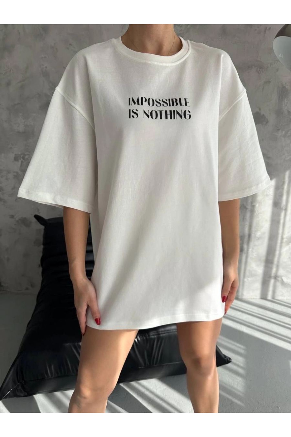 kadın Bisiklet Yaka Baskılı Oversize  Kısa kol T-Shirt - Beyaz