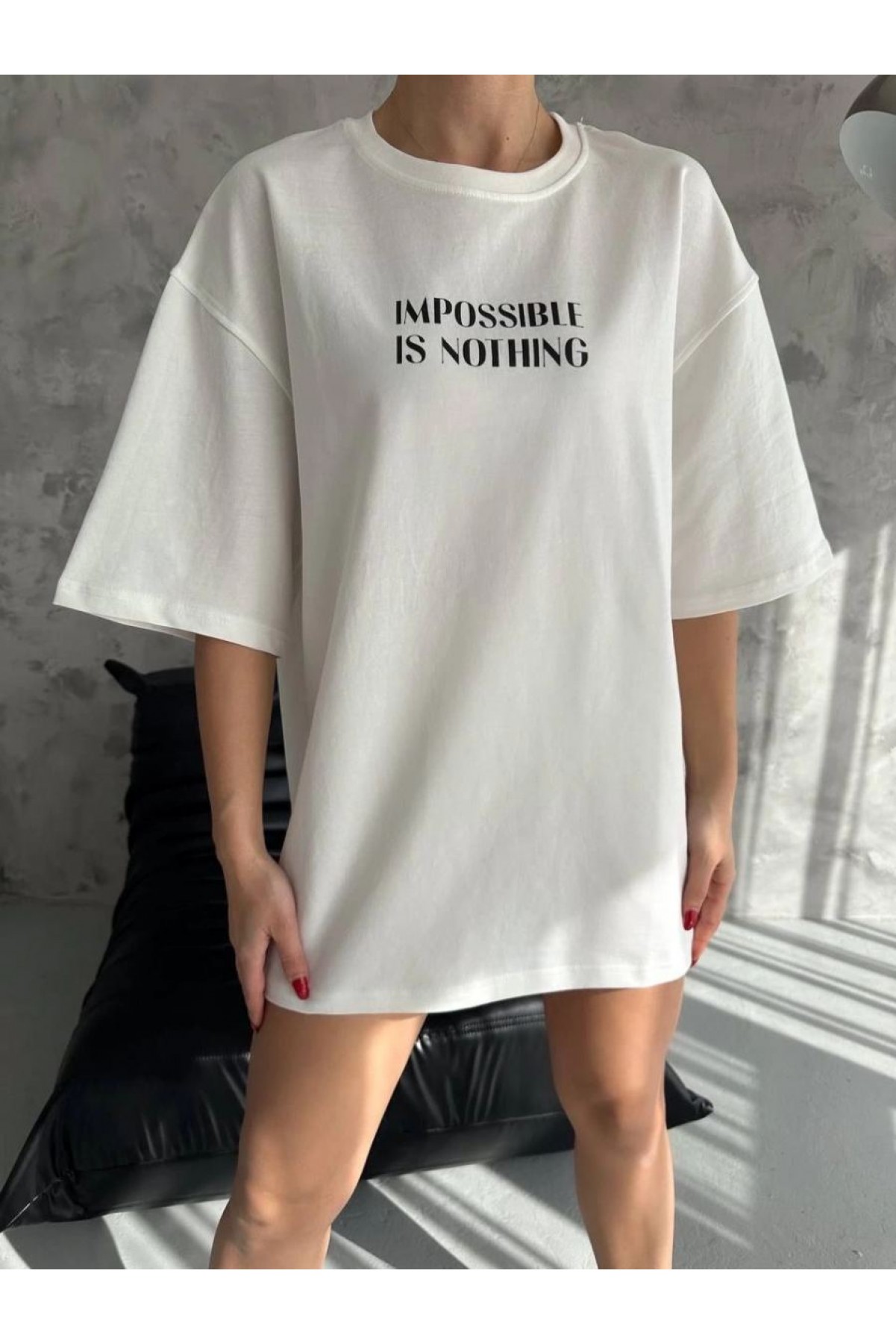 kadın Bisiklet Yaka Baskılı Oversize  Kısa kol T-Shirt - Beyaz
