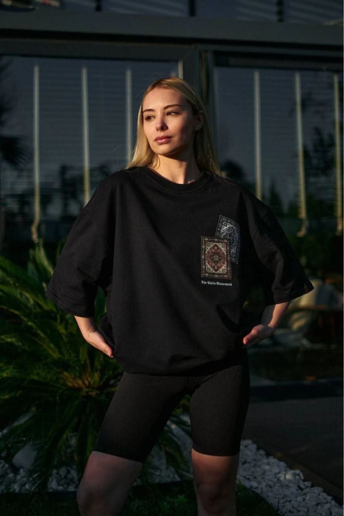 kadın Bisiklet Yaka Baskılı  Kısa kol Oversize T-Shirt - Siyah