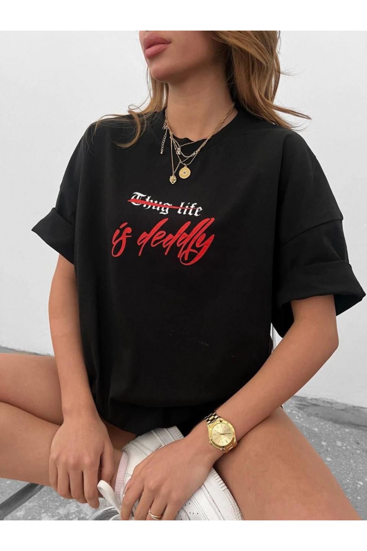 kadın Bisiklet Yaka Baskılı Oversize  Kısa kol T-Shirt - Siyah