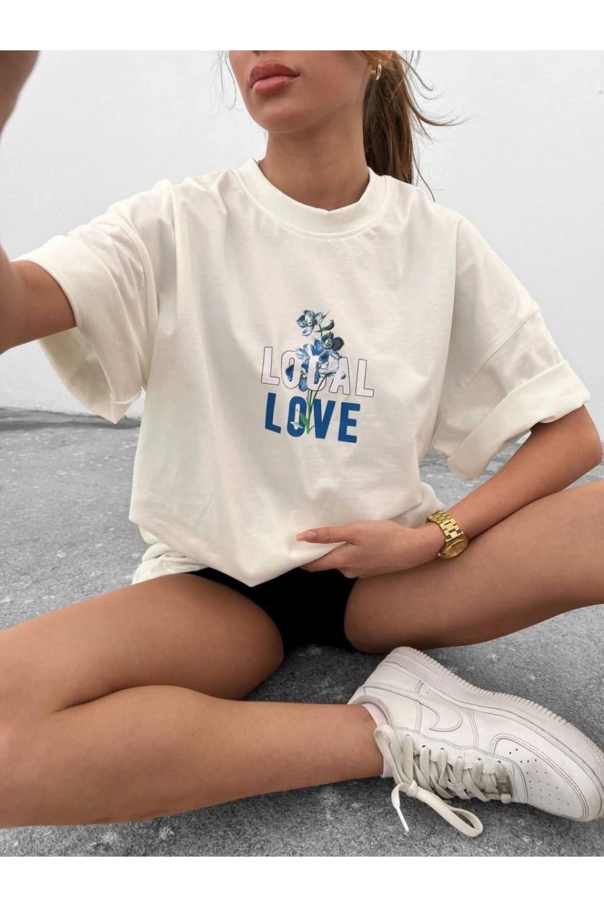 kadın Bisiklet Yaka Baskılı oversize  Kısa kol T-Shirt - Beyaz