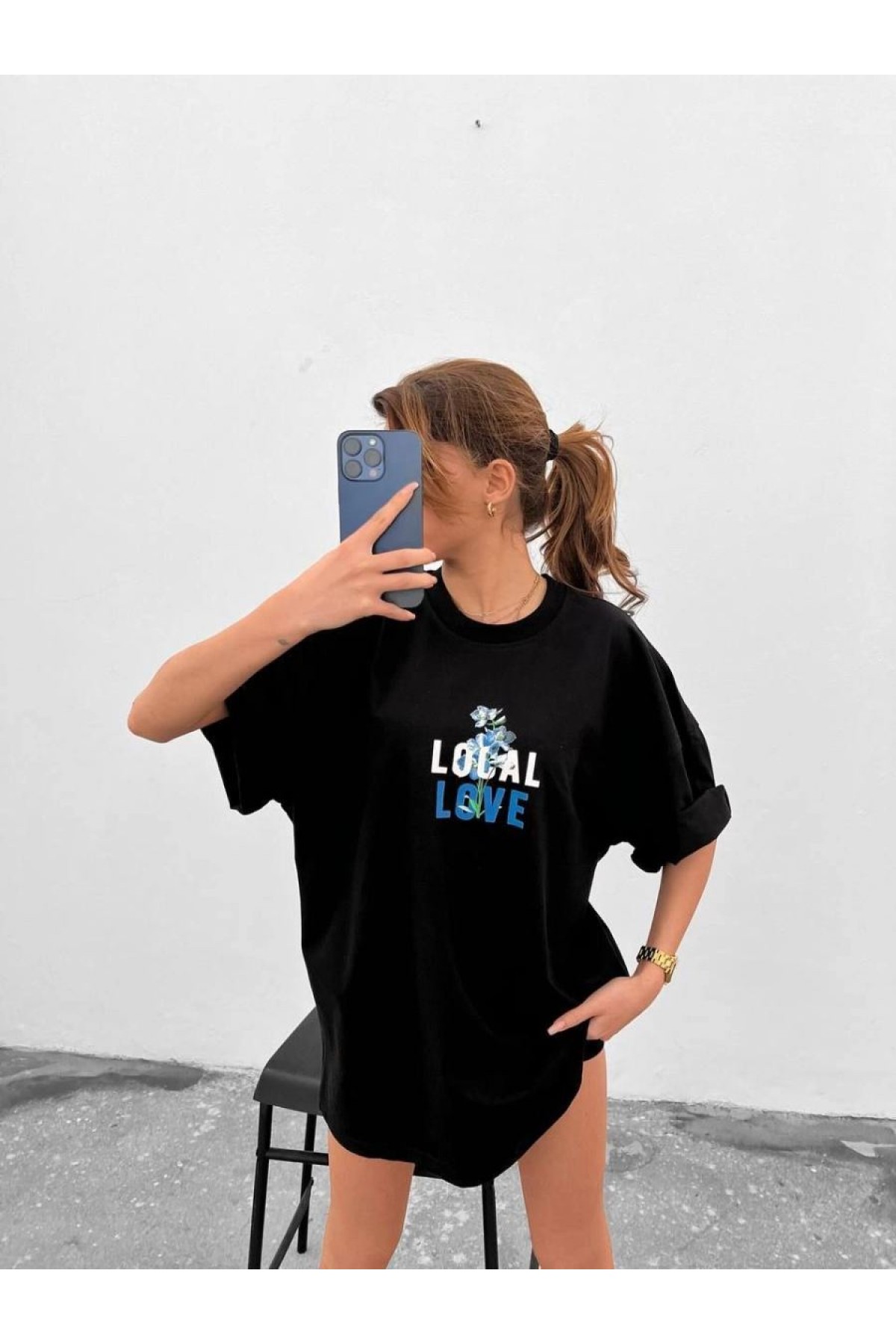 Kadın Tişort Bisiklet Yaka Baskılı Kısa kol Oversize T-Shirt - Siyah