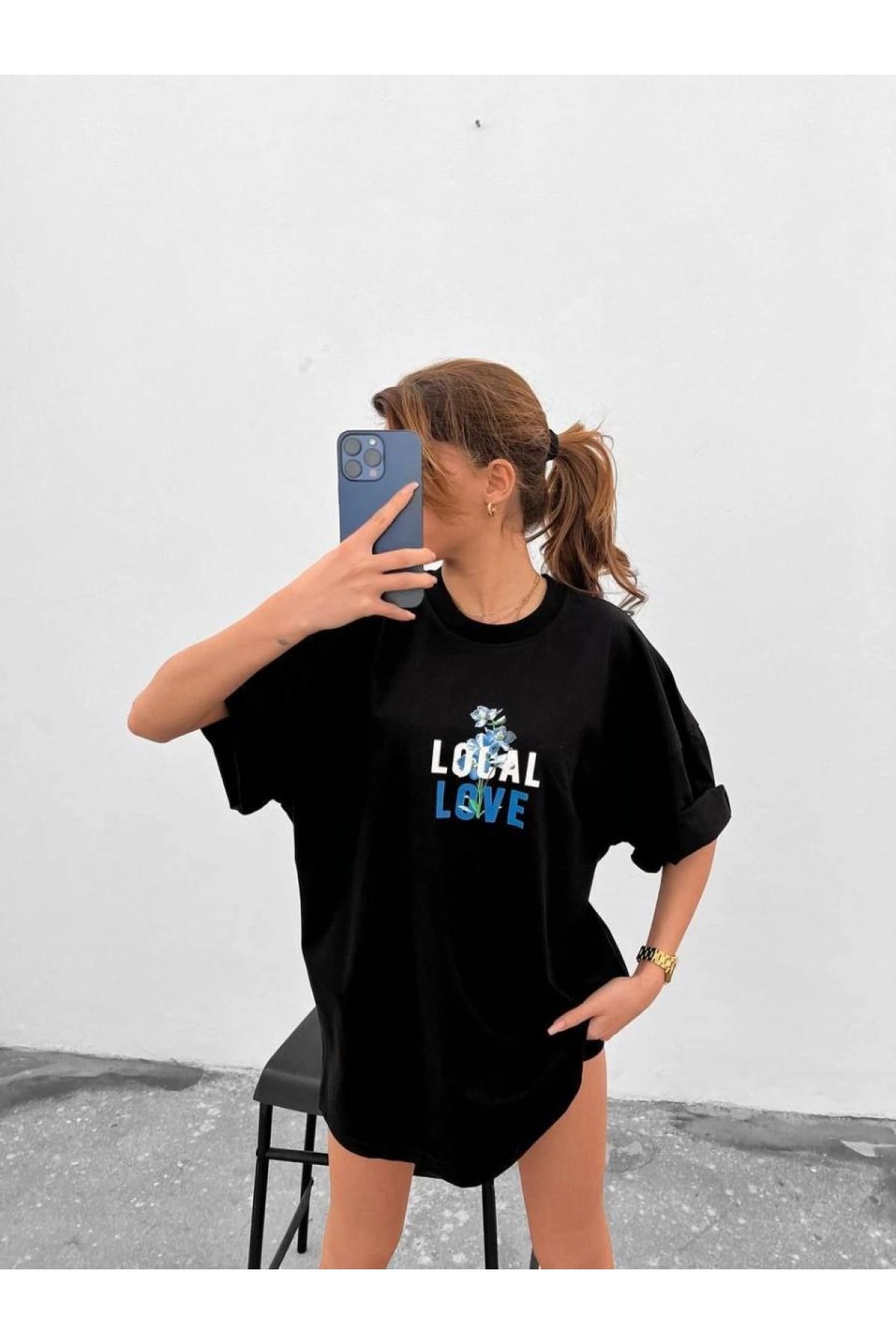 Kadın Tişort Bisiklet Yaka Baskılı Kısa kol Oversize T-Shirt - Siyah